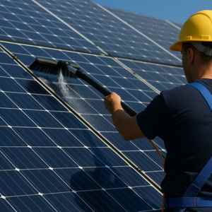 pracownik w kasku myje panel słoneczny