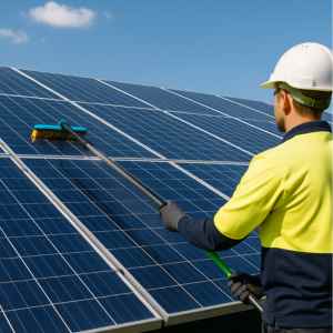 Pracownik myje panel słoneczny