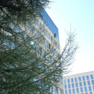 pracownik clean up myje okna w wysokim urzedzie za pomoca dostepu linowego